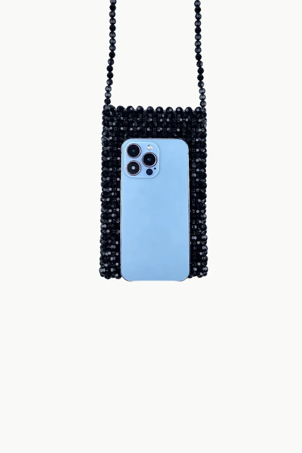 Black beaded mini shoulder bag with light blue phone inside for stylish accessory