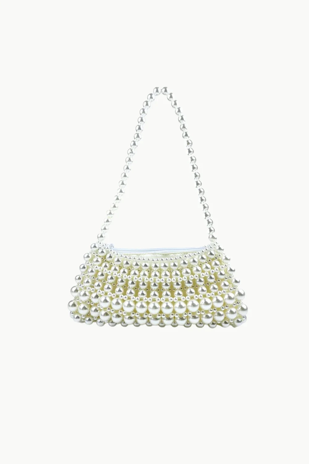 Cream-colored beaded pearl purse with lustrous pearls and a pearl-beaded shoulder strap