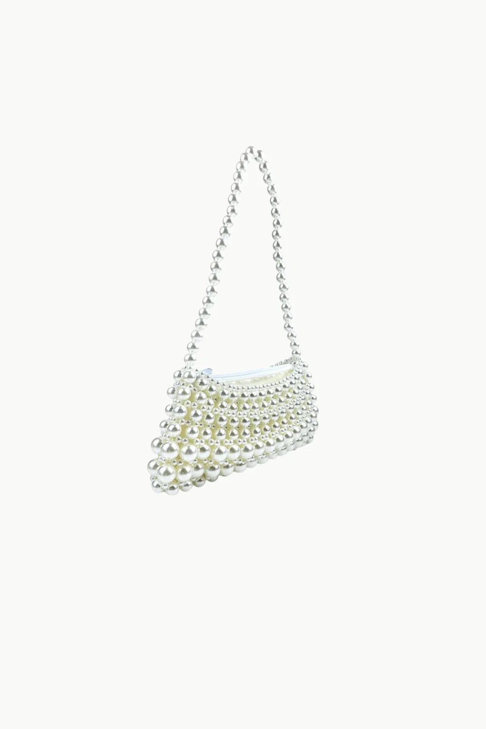 White pearl-beaded shoulder bag with a single strap, perfect for a beaded pearl purse style