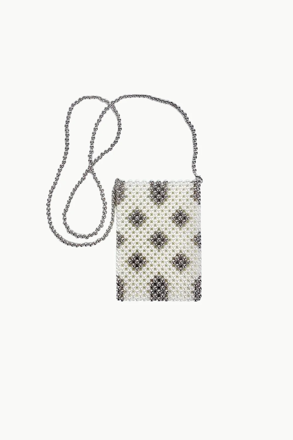 Beaded Phone Bag with rectangular shape and white gray diamond pattern for stylish phone storage