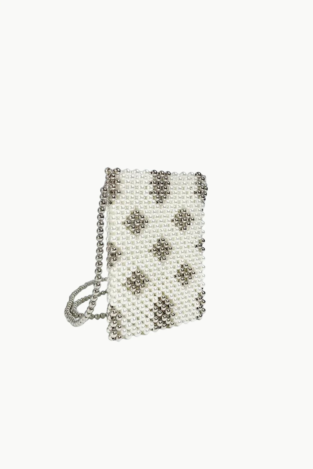 White and silver beaded phone bag with shoulder strap for stylish accessory