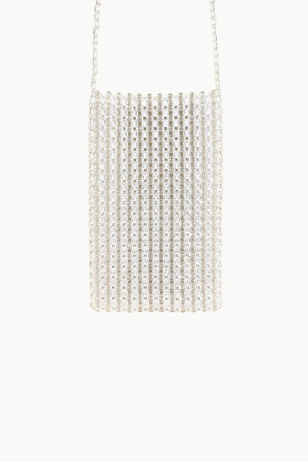 Silver-toned beaded phone strap crossbody purse with sparkly mesh exterior and chain strap
