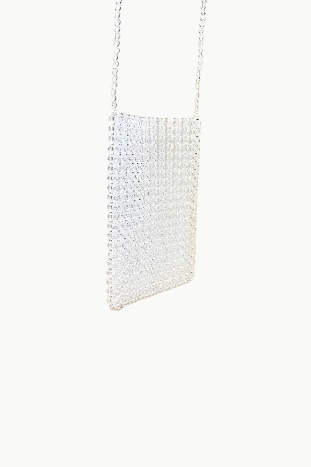 Silver sequined rectangular shoulder bag with a thin chain strap, perfect as a beaded phone strap accessory