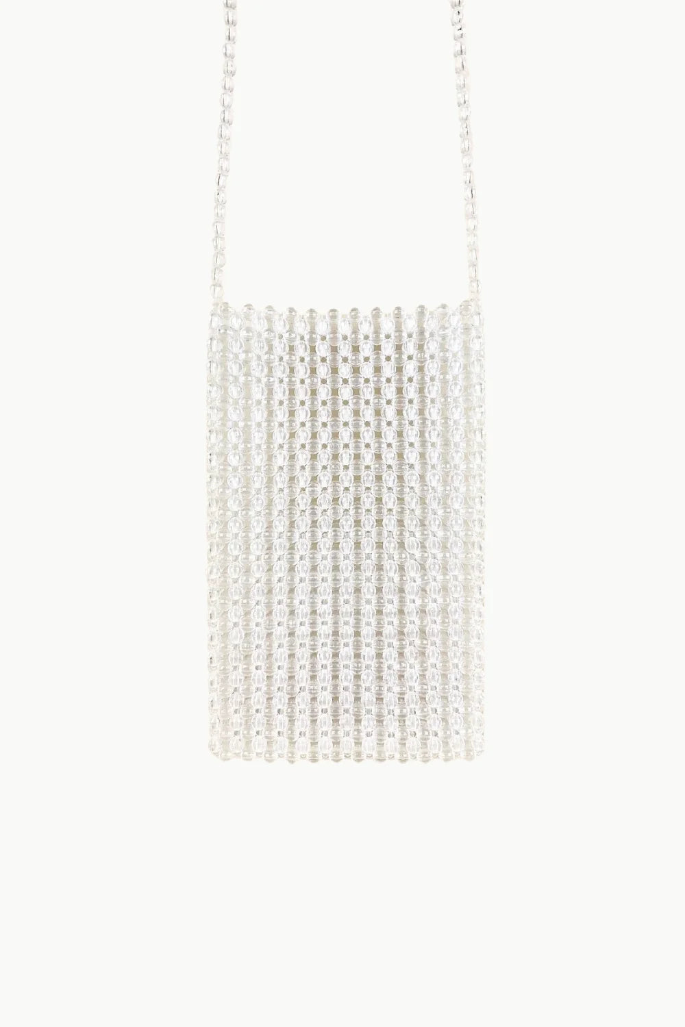 White rectangular beaded phone strap crossbody bag with thin chain strap