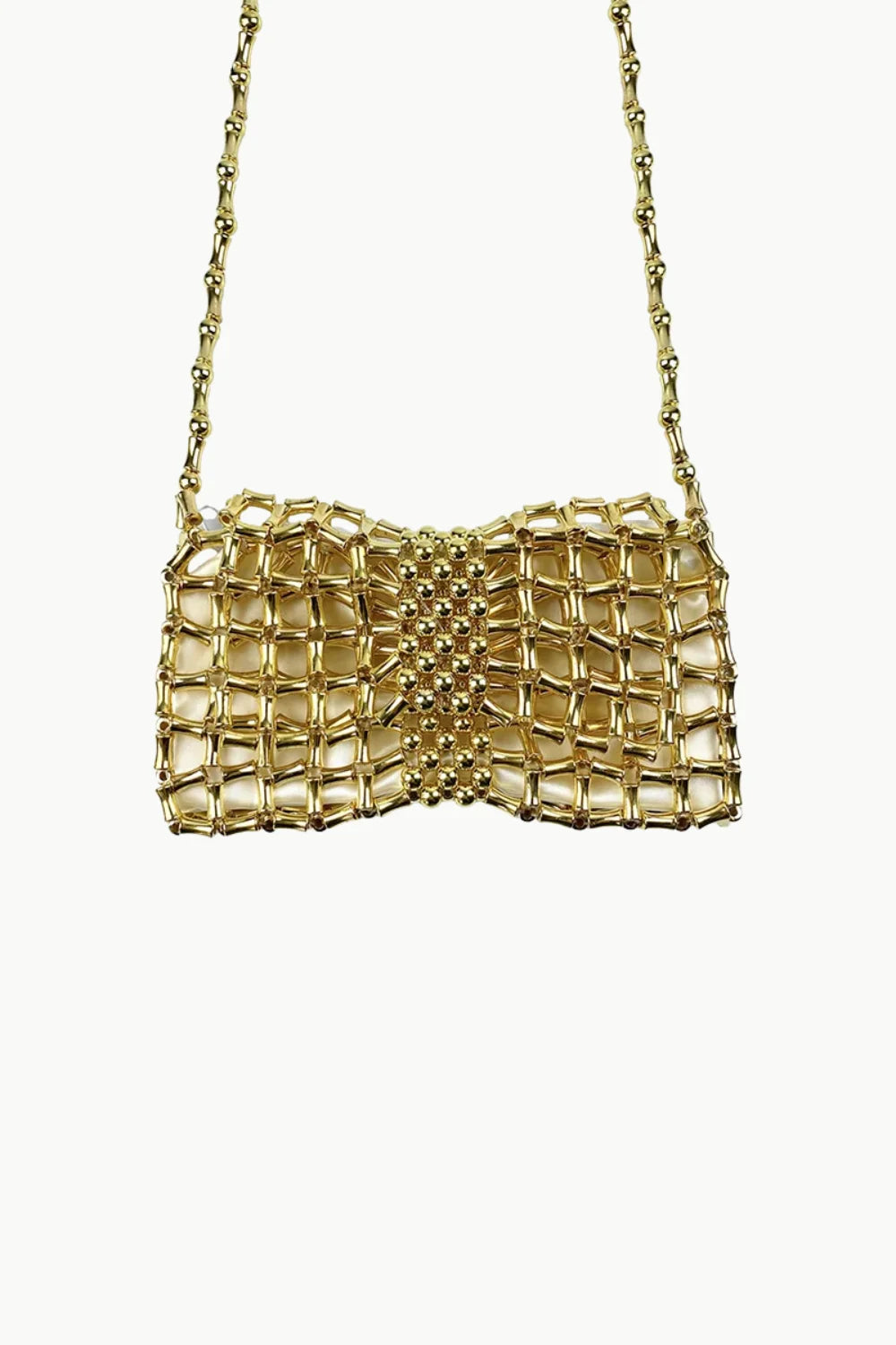 Gold beaded pouch bag with bow shape and delicate chain strap for elegant style