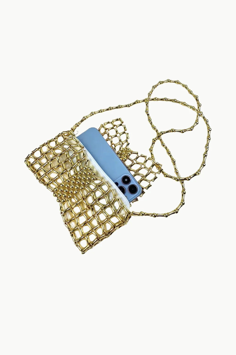 Gold beaded phone crossbody bag showcasing a stylish beaded pouch bag design