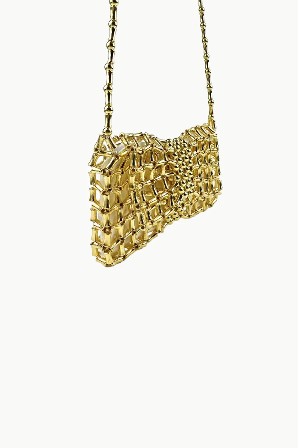 Shimmering gold beaded pouch bag with bamboo-style chain strap for elegant accessories