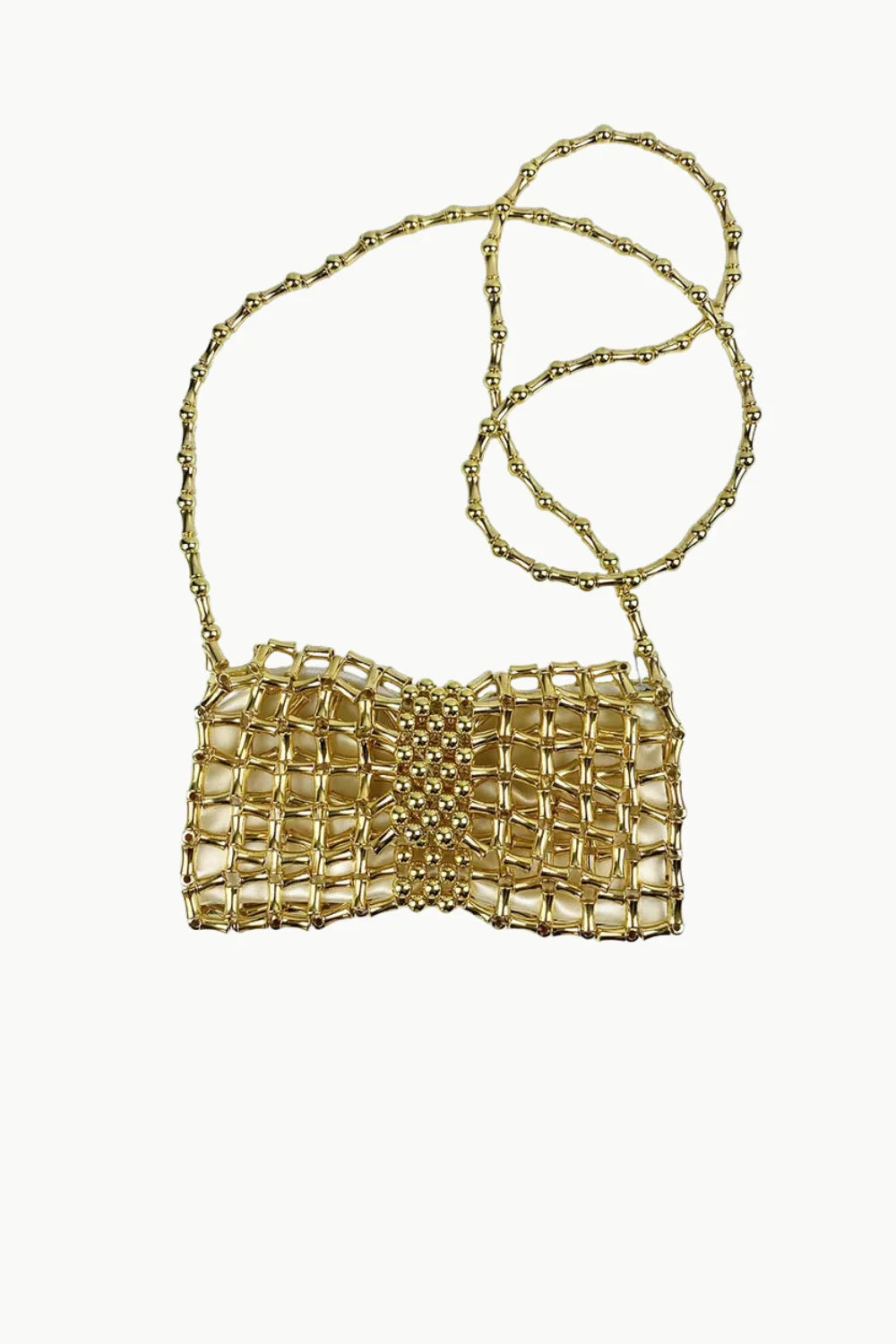 Gold beaded shoulder pouch bag with mesh design, perfect as a stylish beaded pouch