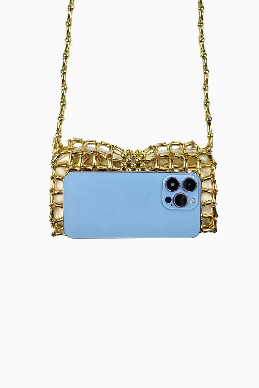 Gold-toned metal mesh beaded pouch bag with light blue smartphone inside