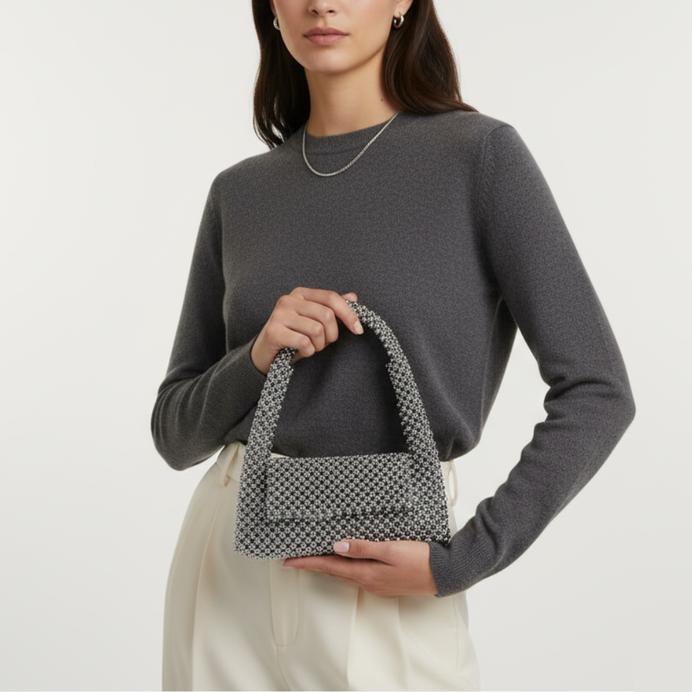 Beaded Purse collection silver-black mini beaded purse on model