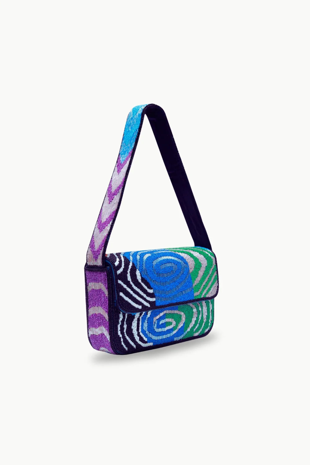 Colorful beaded purse with patterned strap and swirled designs in blue green purple white
