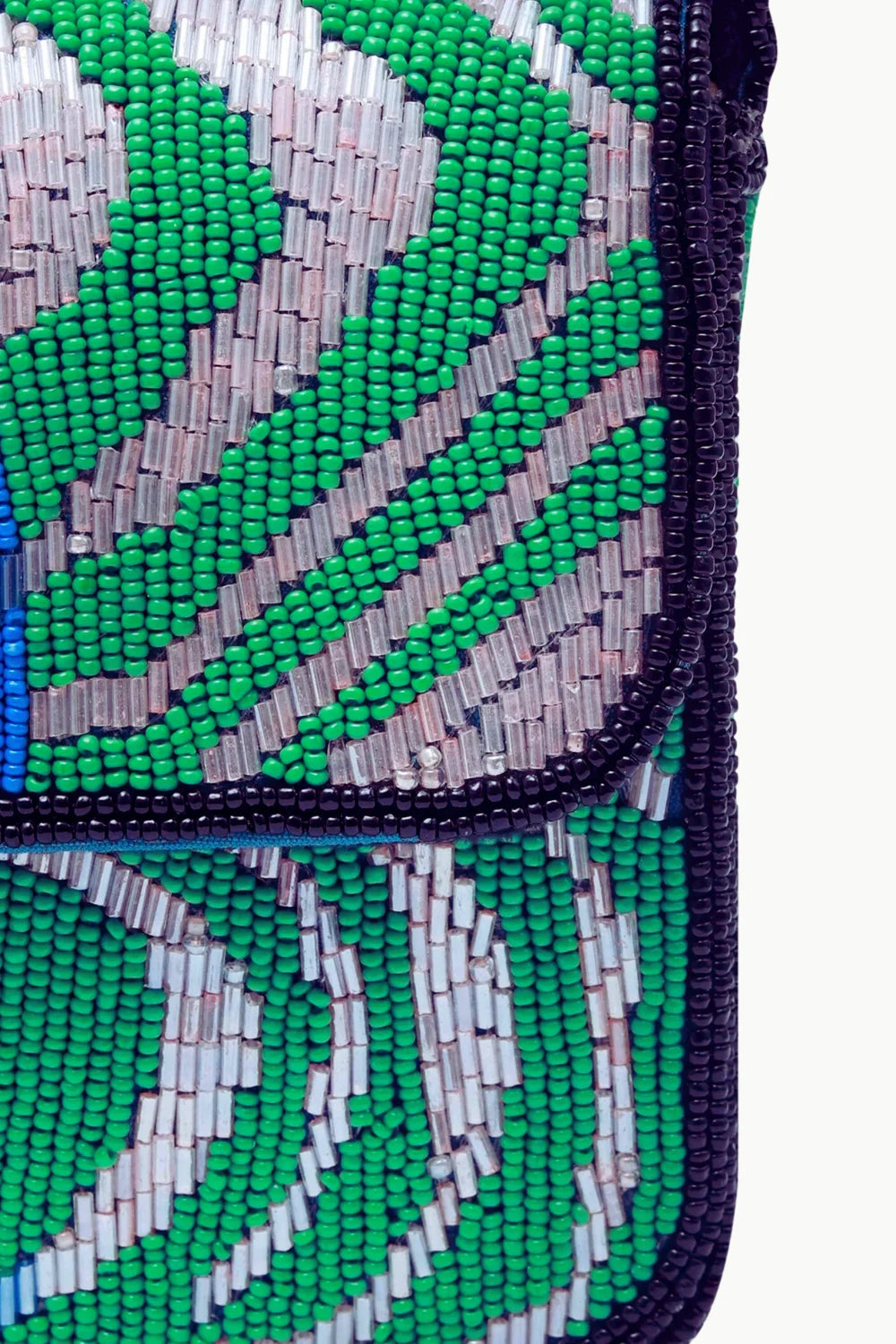 Green and silver beaded purse with black trim showcasing Beaded Purse Pattern design
