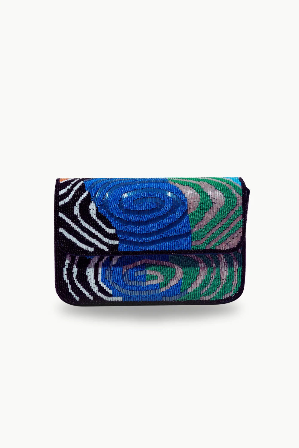 Vibrant beaded purse with abstract pattern of concentric circles and wavy lines