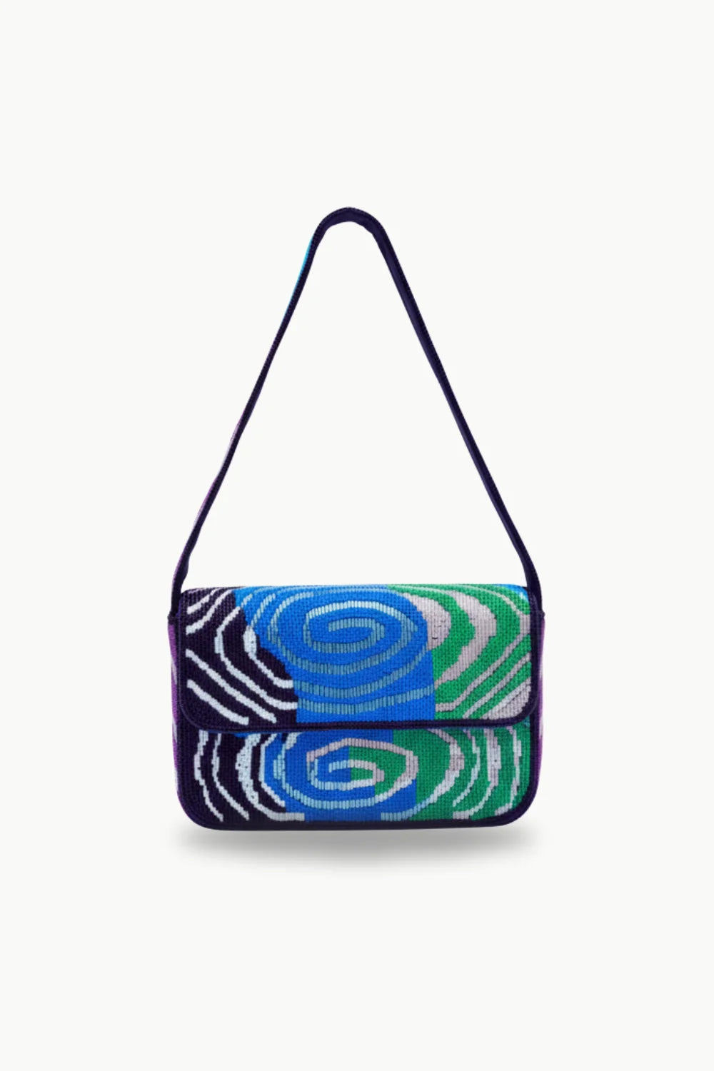 Colorful beaded purse with abstract swirl pattern in shades of blue, green, and white
