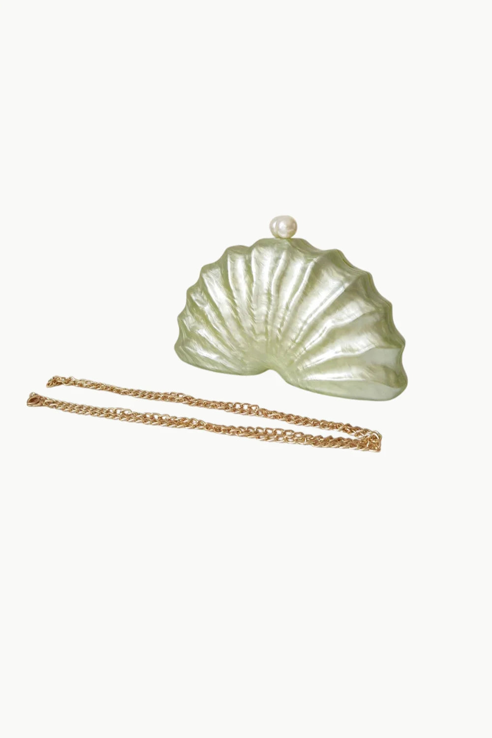 Light green beaded shell bag with shell design and gold chain strap