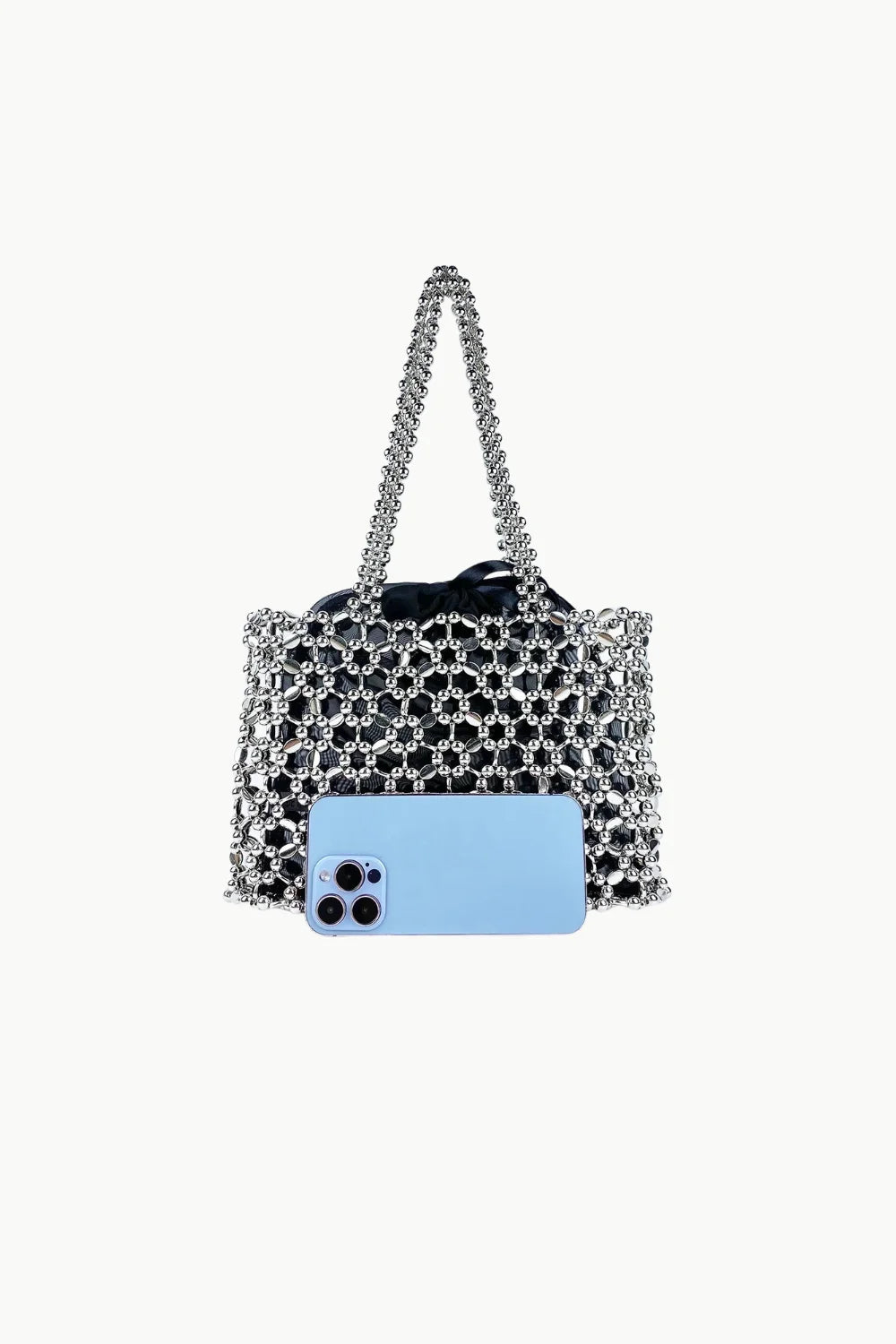 Shiny silver beaded shoulder purse with black drawstring lining for stylish accessories