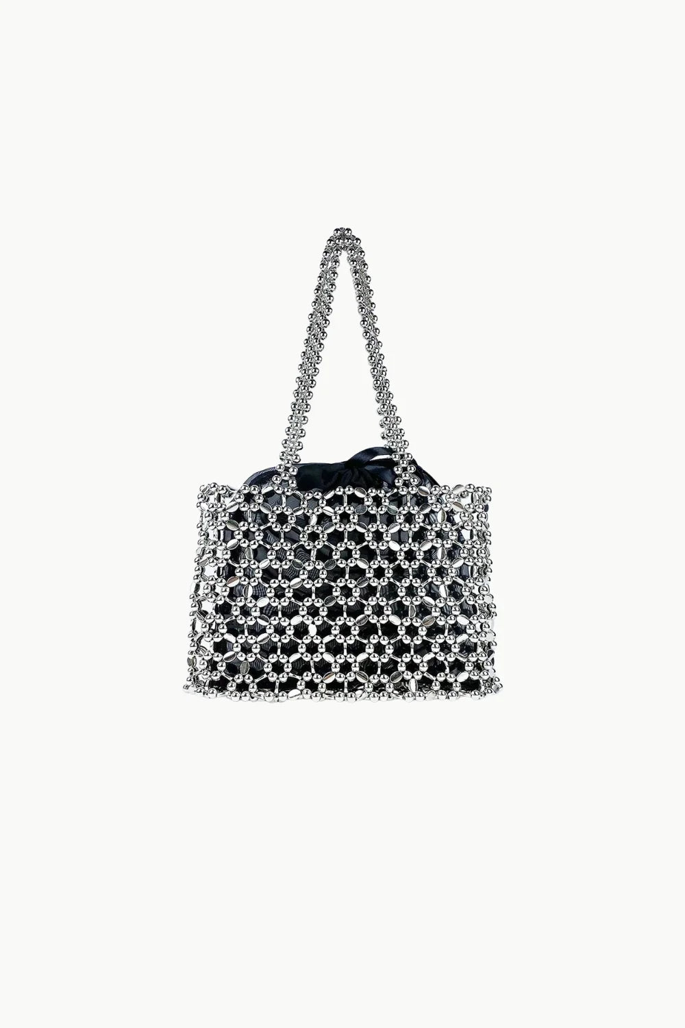 Silver beaded shoulder purse with black drawstring lining for stylish accessory