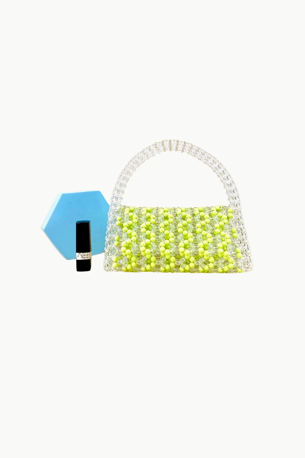 Transparent beaded summer bag with neon yellow accents for a stylish beaded summer look