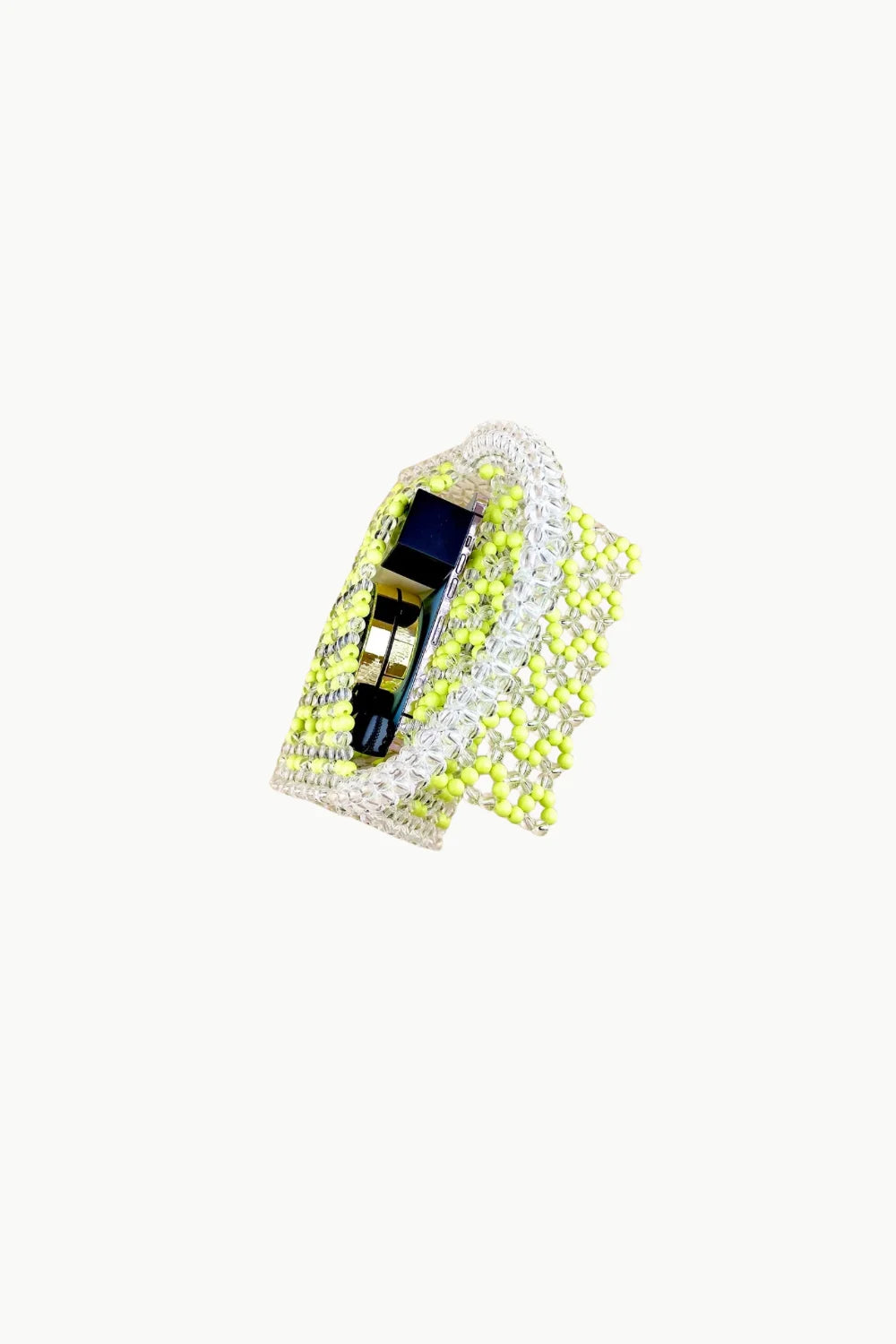 White and neon yellow beaded summer bag with dark blue and gold clasp