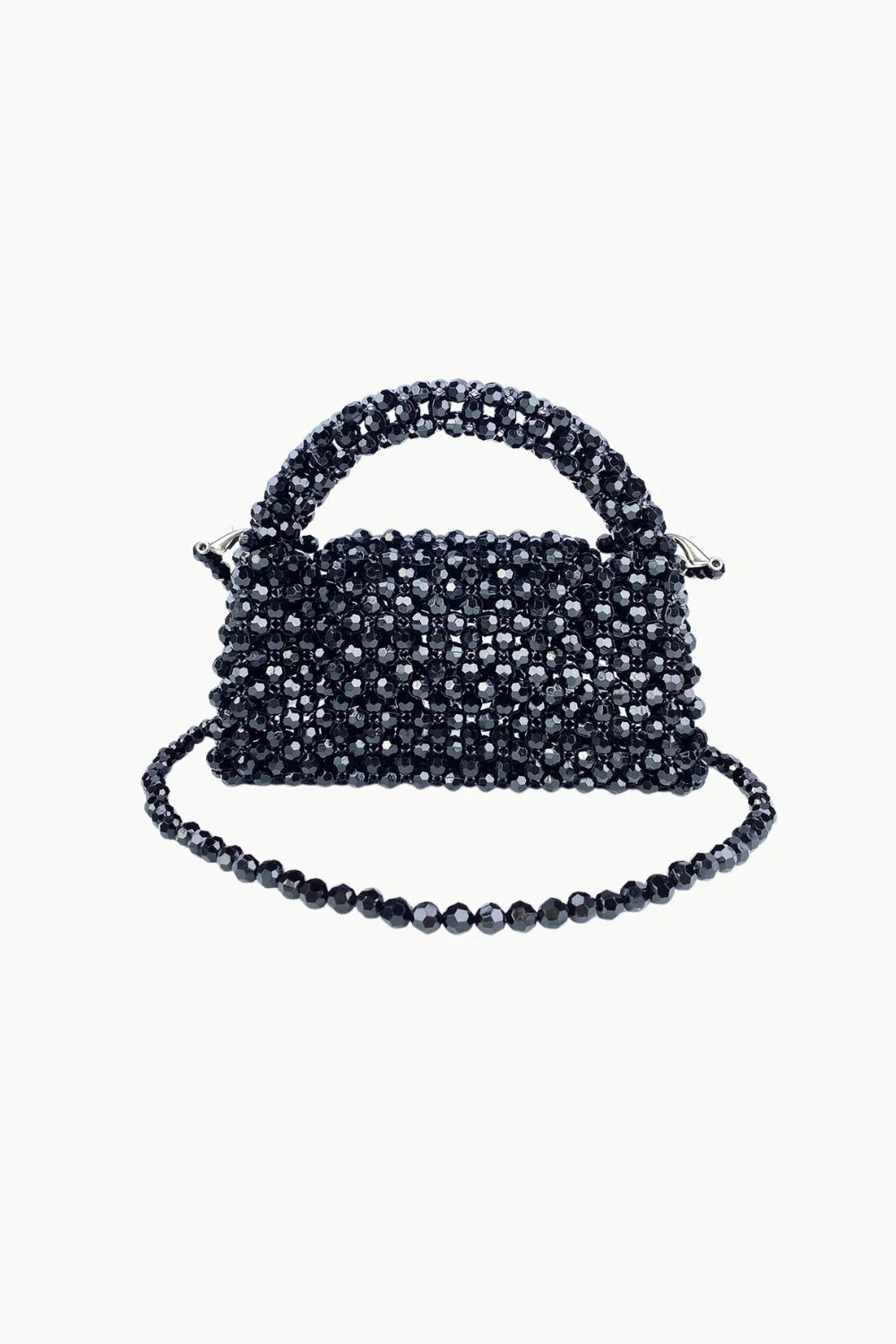 Black beaded summer purse with top handle and shoulder strap for stylish summer accessories