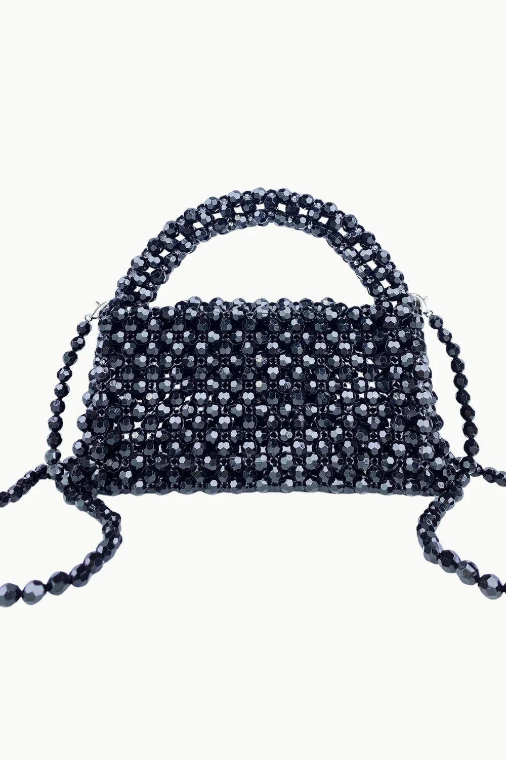 Black beaded summer purse with top handle and shoulder straps for stylish summer accessories