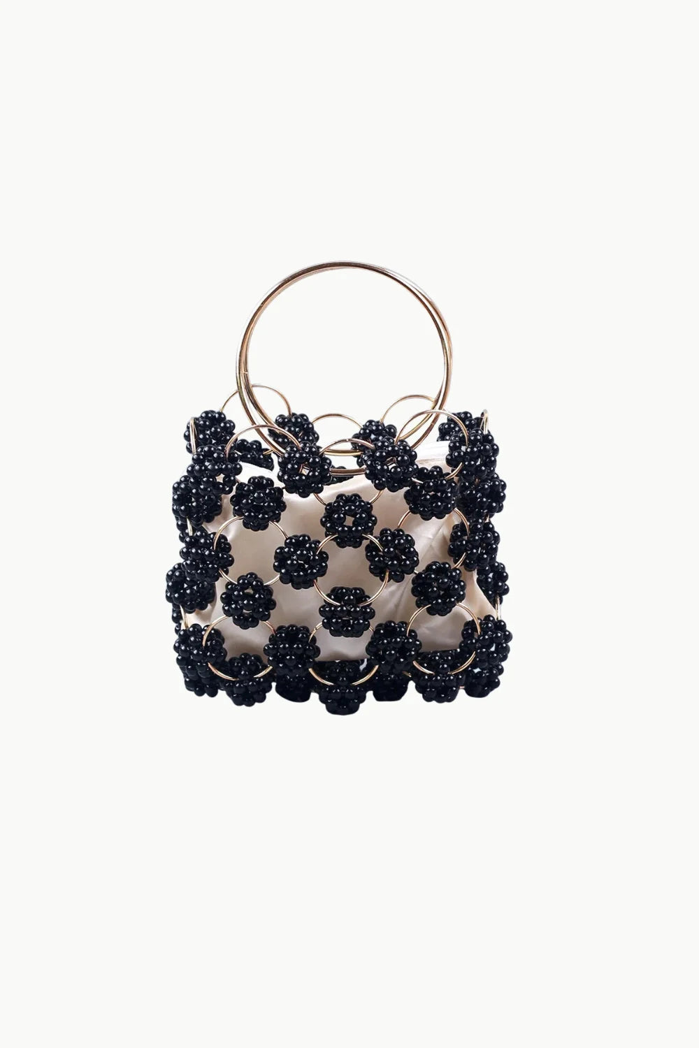 Black beaded bucket bag with circular metal handles for stylish everyday use