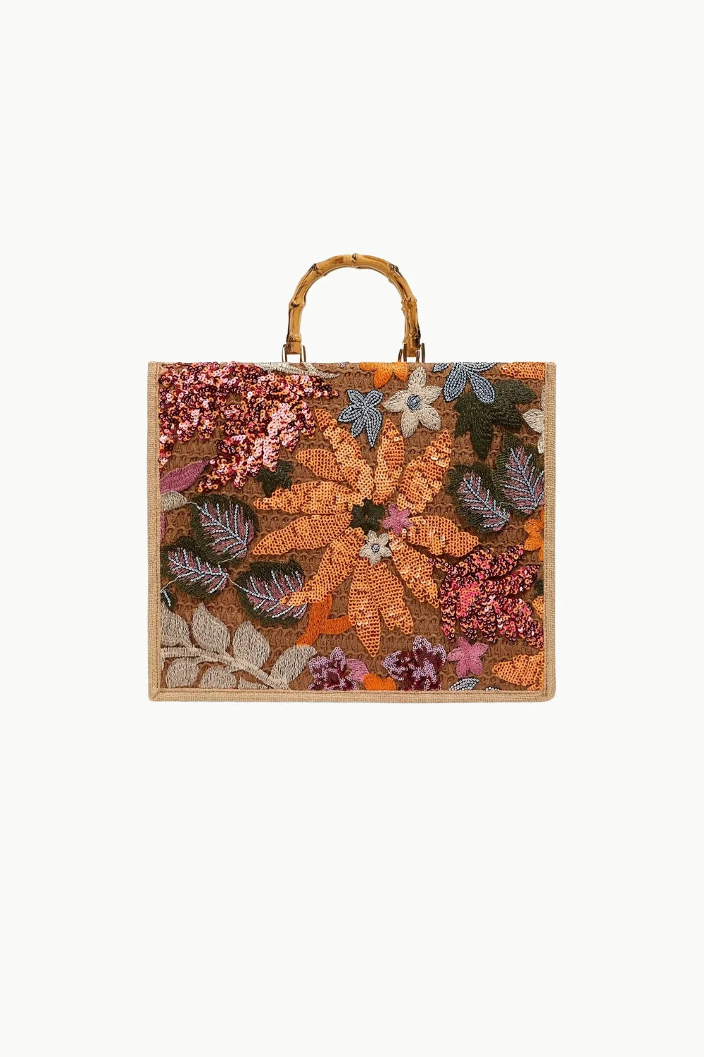 Embroidered floral tote bag with bamboo handles, big wooden beaded bag for stylish carry