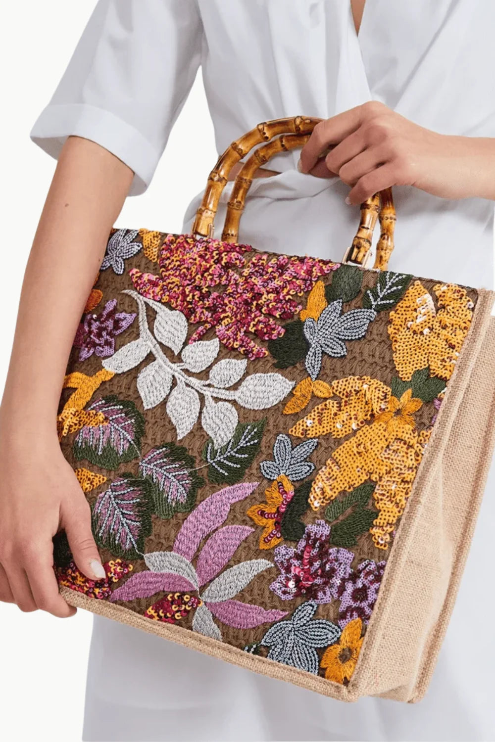 Embroidered big wooden beaded tote bag with bamboo handles and sequin floral embellishments