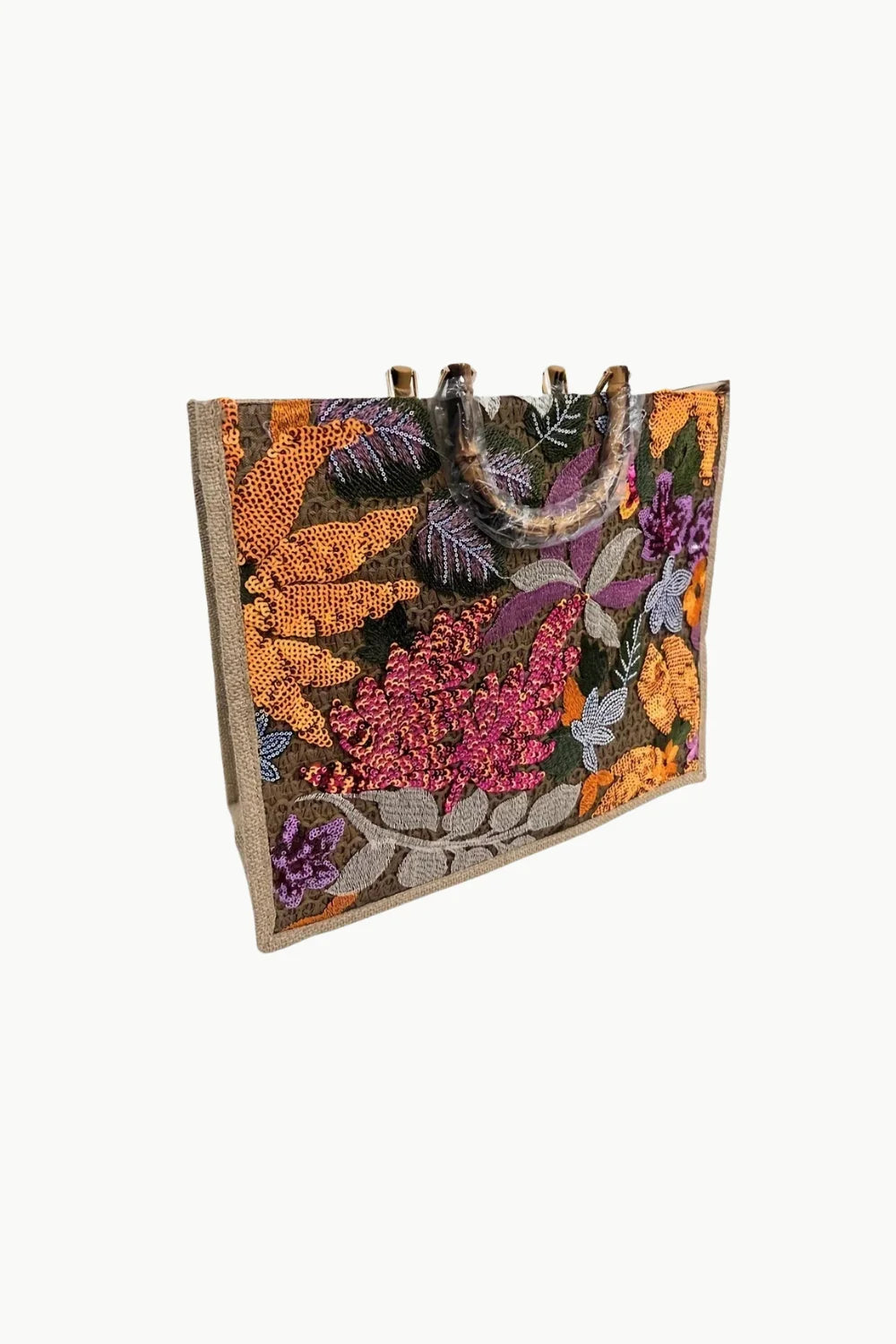 Vibrant embroidered beaded bag with floral patterns, sturdy handles, in Big Wooden Beaded Bag style