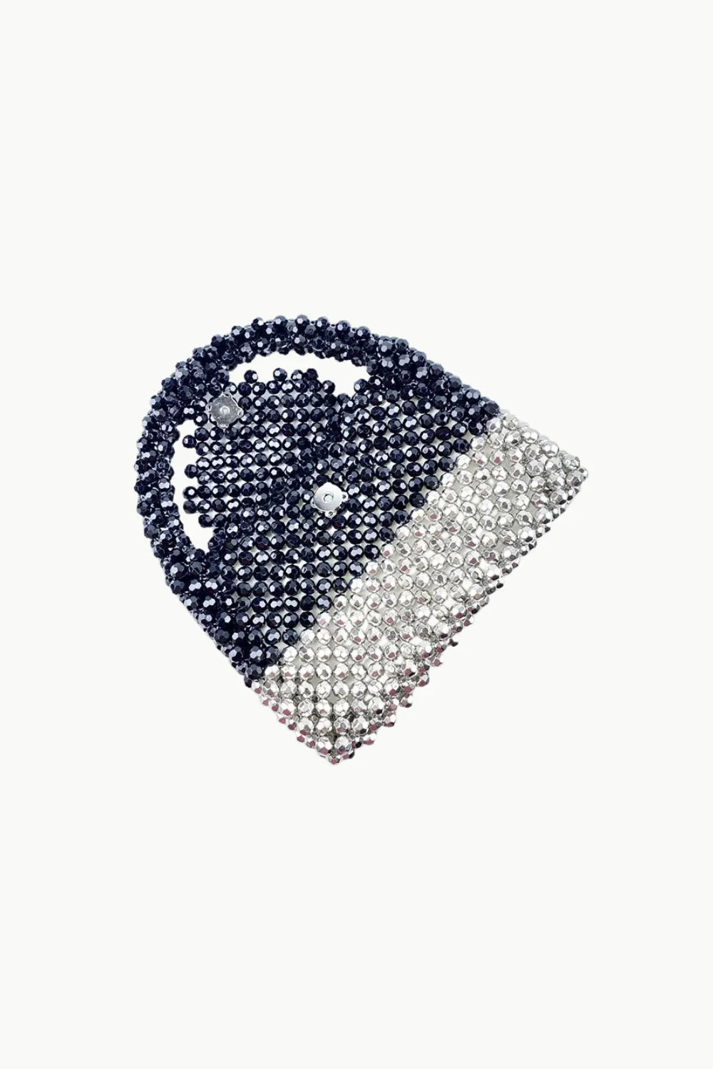 Black and silver beaded bag with half-moon shape and rounded top handle