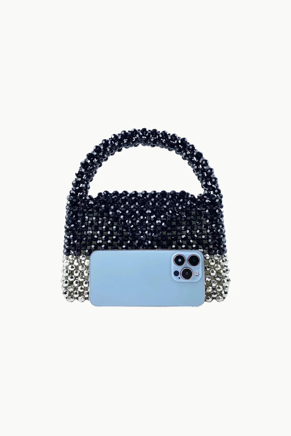Black and silver beaded bag with curved handle, stylish silver beaded bag accessory
