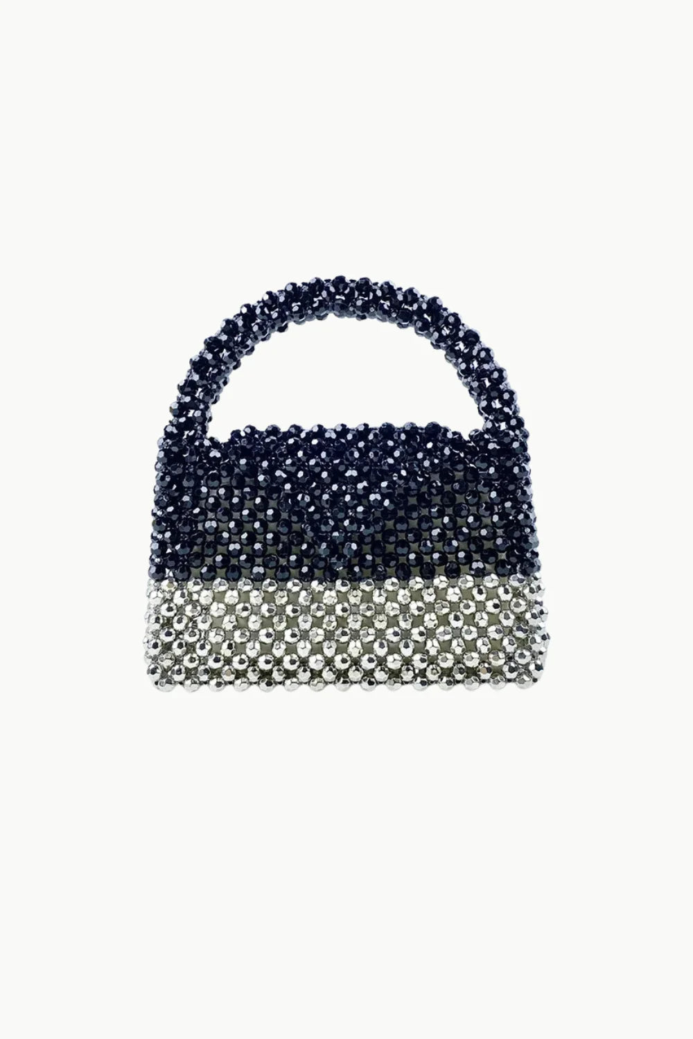 Elegant black and silver beaded bag with rounded handle, perfect silver beaded bag accessory