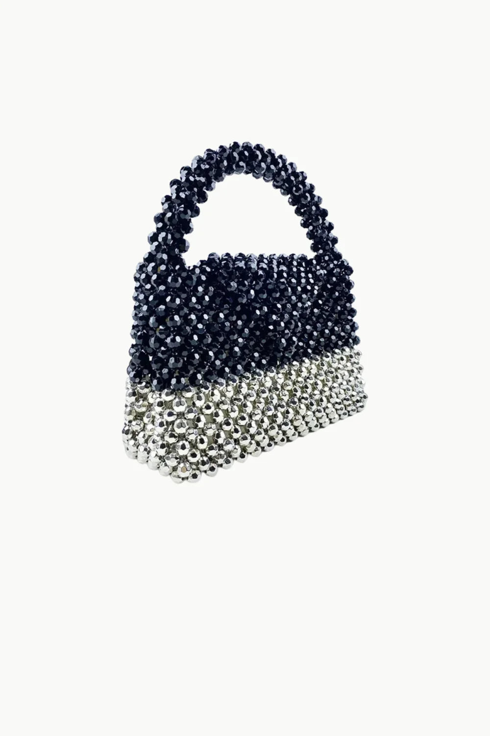 Elegant black and silver beaded bag with matching beaded top handle and silver beaded design