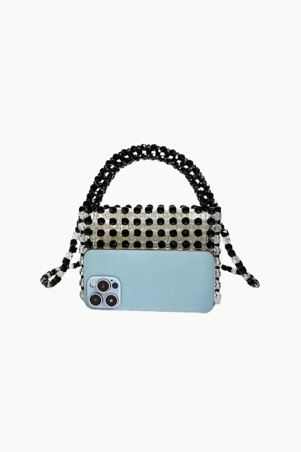Black and white beaded bag with attached light blue smartphone for stylish accessorizing