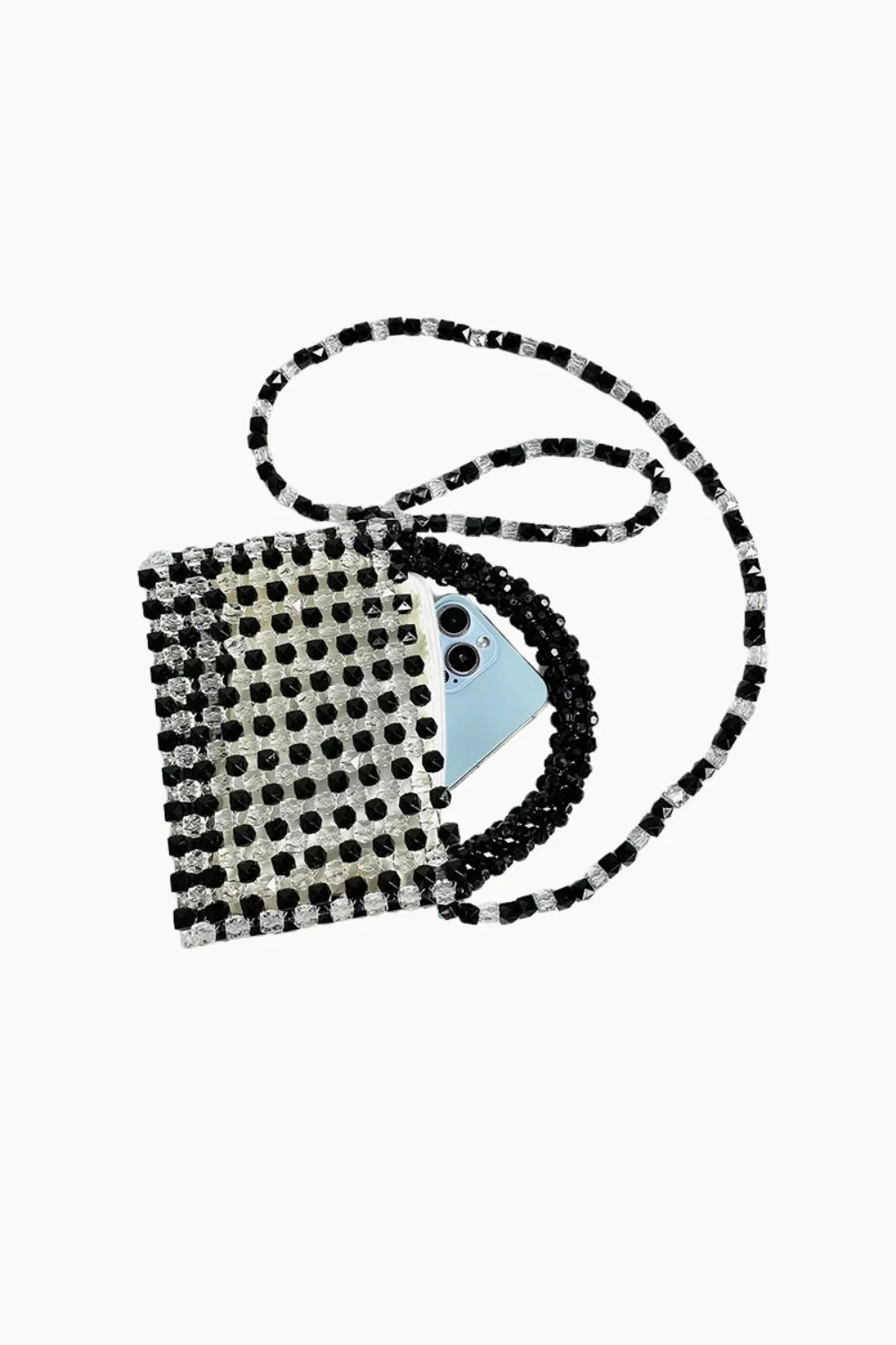 Black and clear beaded phone bag with long strap, stylish white beaded bag accessory