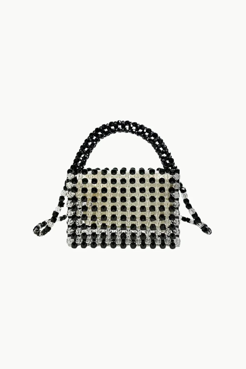 Black and white beaded bag with top handle and shoulder strap, stylish white beaded bag