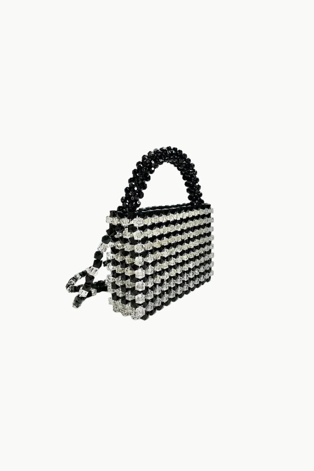 Black and white beaded bag with top handle, stylish white beaded bag accessory