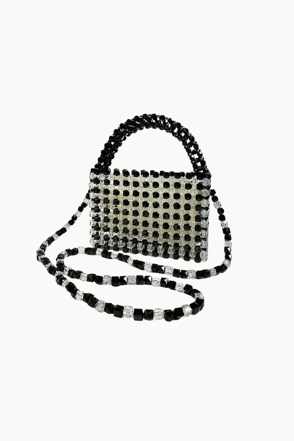 Black and white beaded bag with top handle and shoulder strap, stylish white beaded accessory