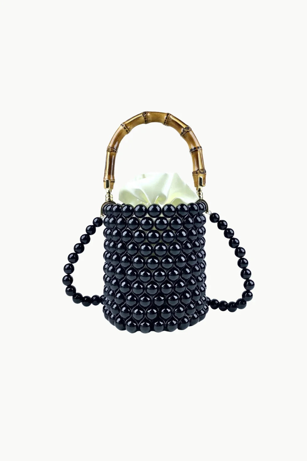 Black Beaded Bucket Bag with Bamboo Top Handle and Beaded Shoulder Straps