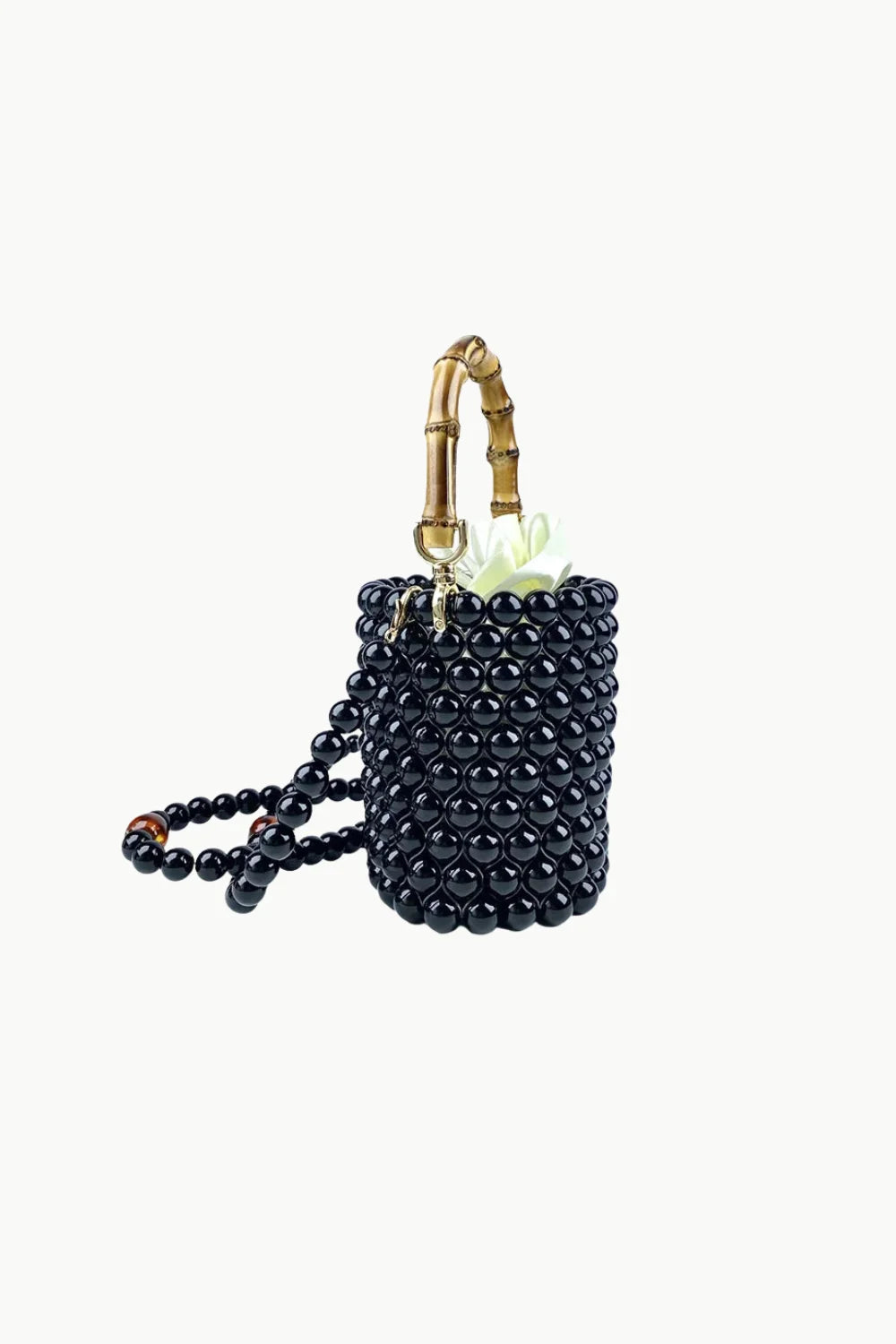 Black Beaded Bucket Bag with Bamboo Handle and Shoulder Strap for stylish accessory