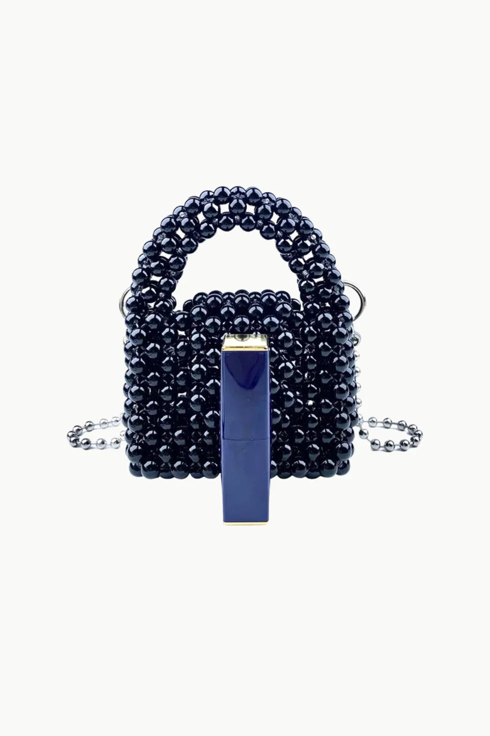 Black beaded crossbody bag with matching lipstick showcasing stylish beaded crossbody fashion