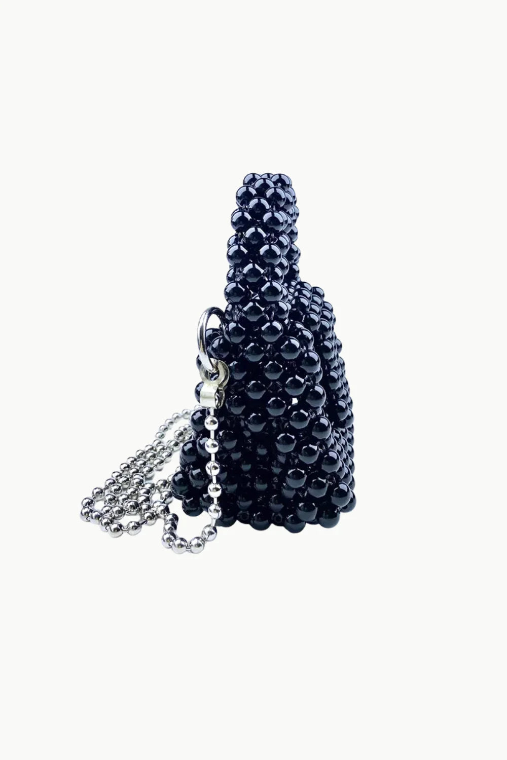 Black beaded crossbody bag with silver chain strap for stylish accessory