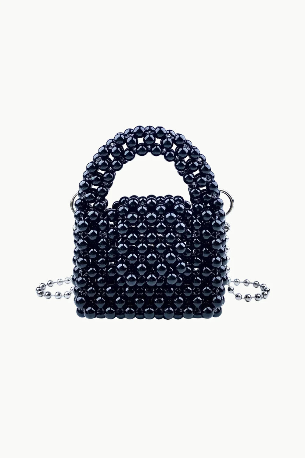 Black beaded crossbody bag with top handle and silver chain strap for stylish accessories