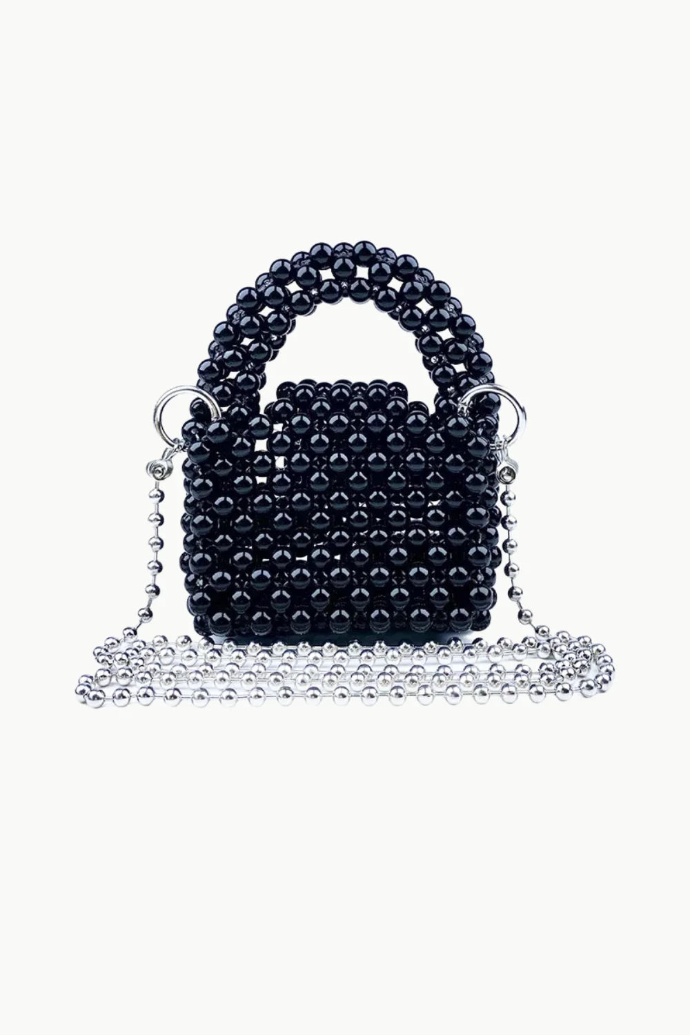 Black beaded crossbody bag with silver ball chain strap, stylish beaded crossbody accessory