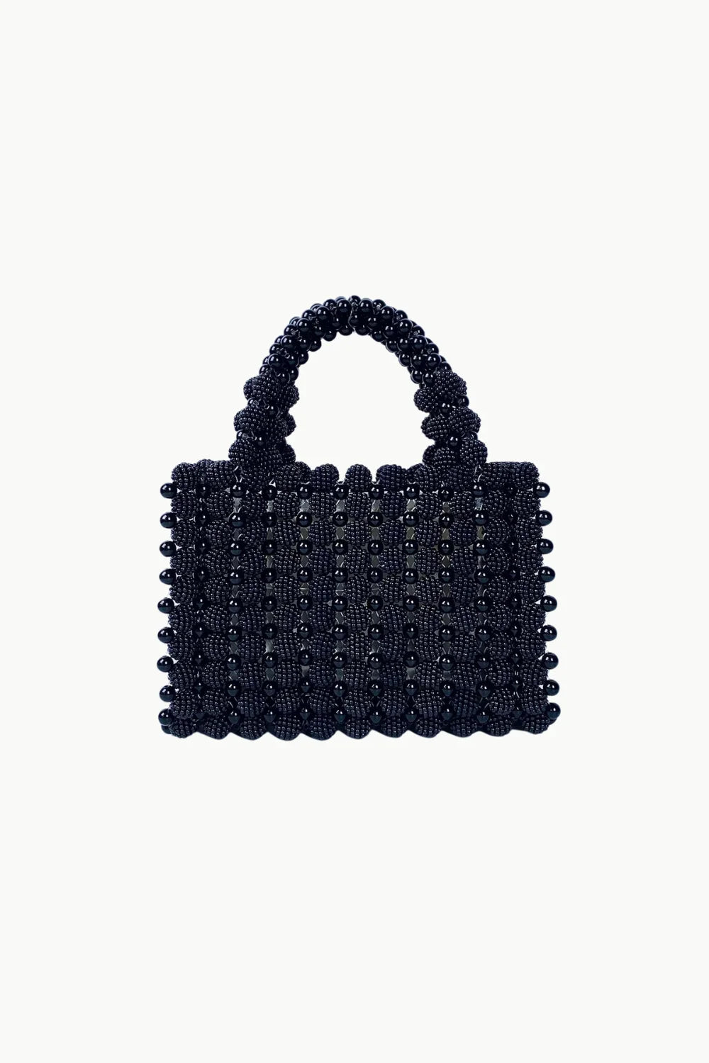 Black beaded evening handbag with scalloped design and rounded top handle