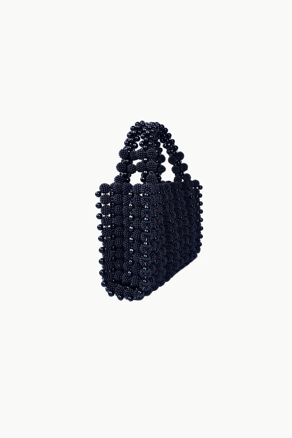 Black beaded evening tote bag with top handles for elegant occasions
