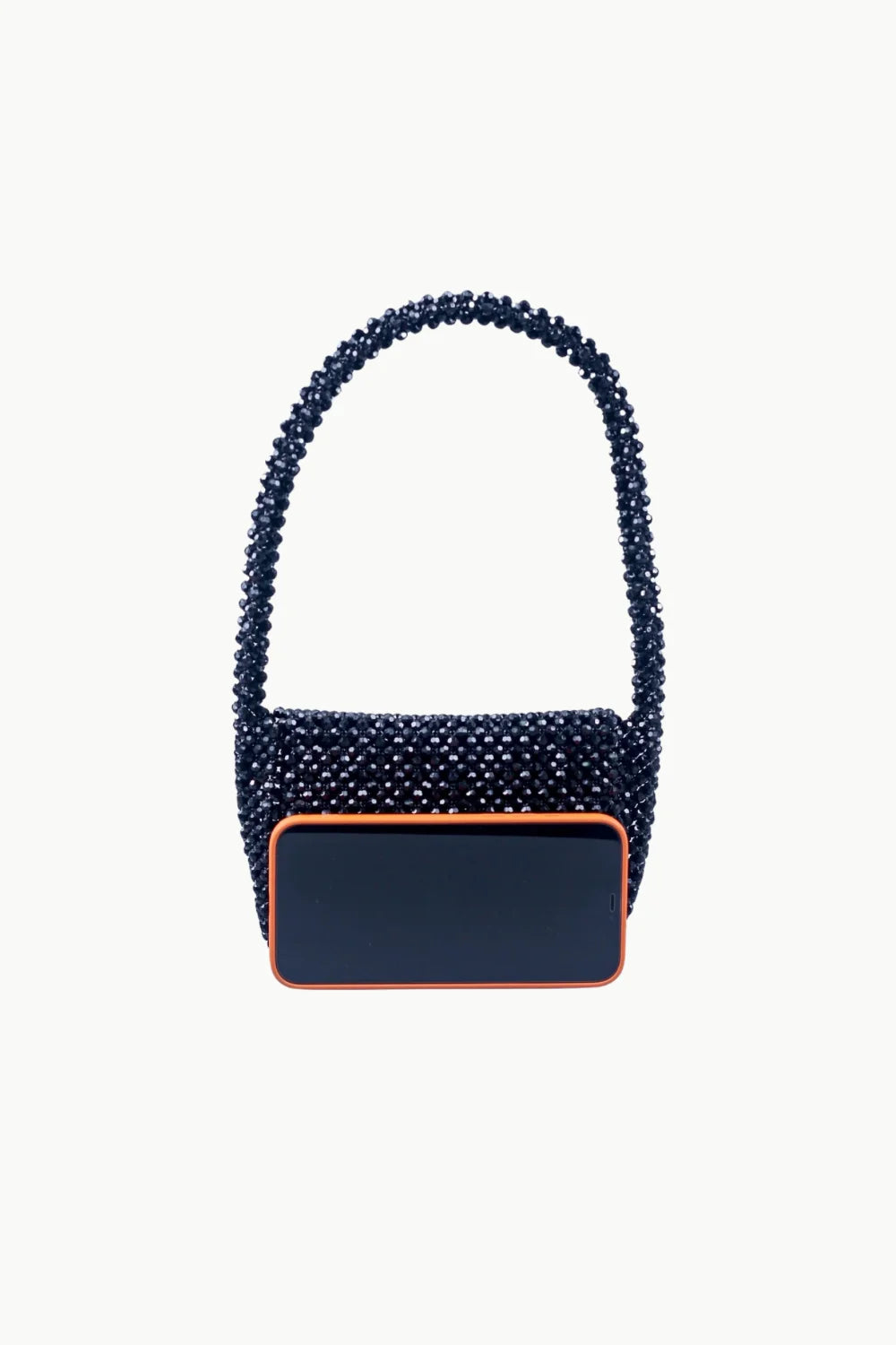 Dark blue black beaded evening purse with burnt orange smartphone in front