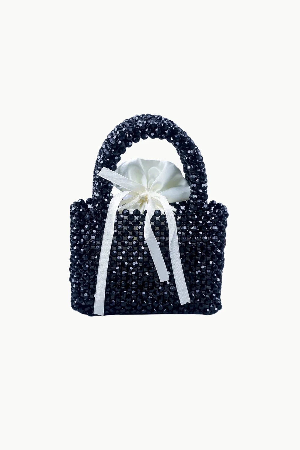 Black Beaded Handbag with White Drawstring Pouch and Ribbon Closure