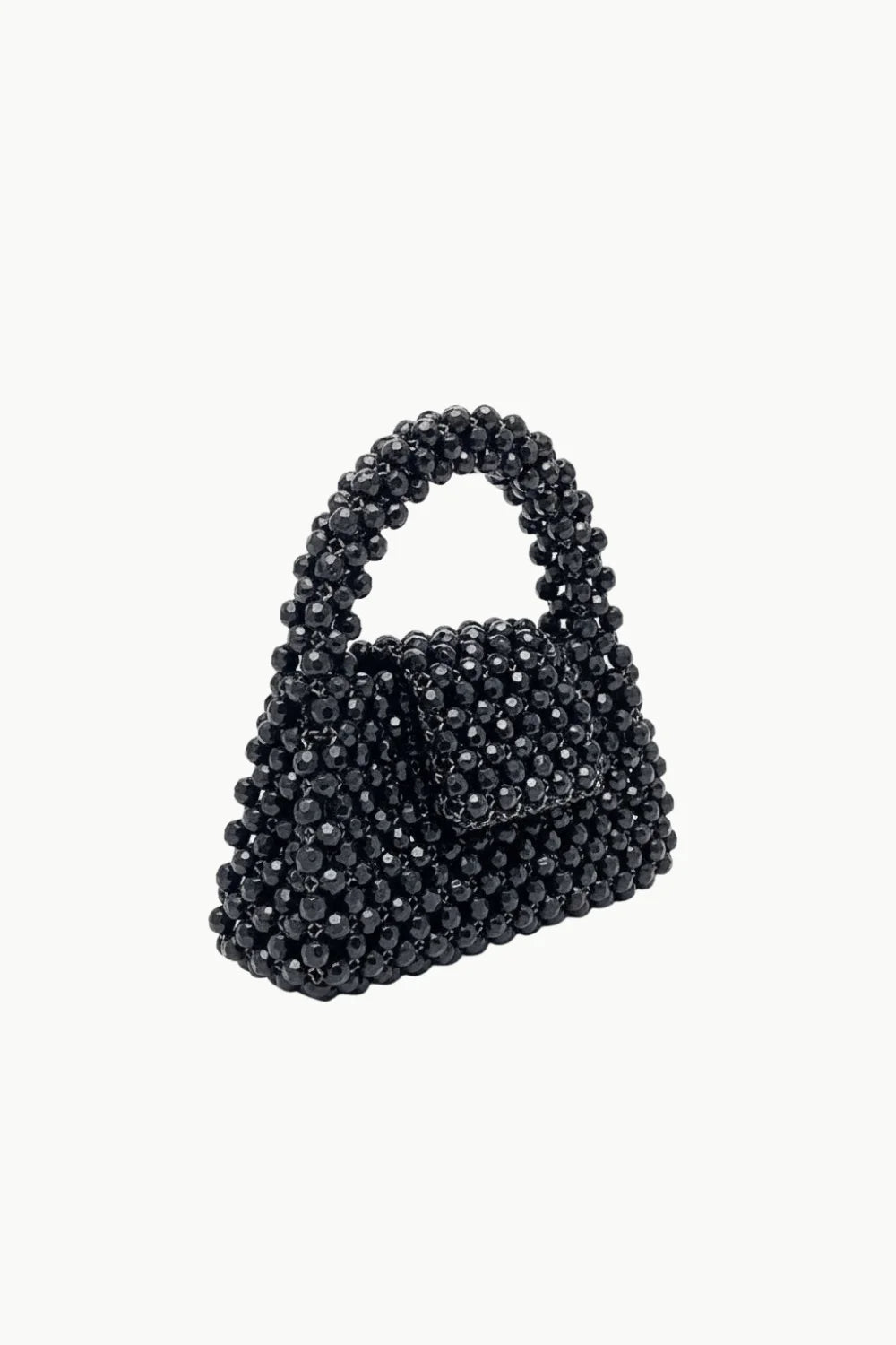 Black beaded purse with top handle and front flap closure, stylish black beaded handbag