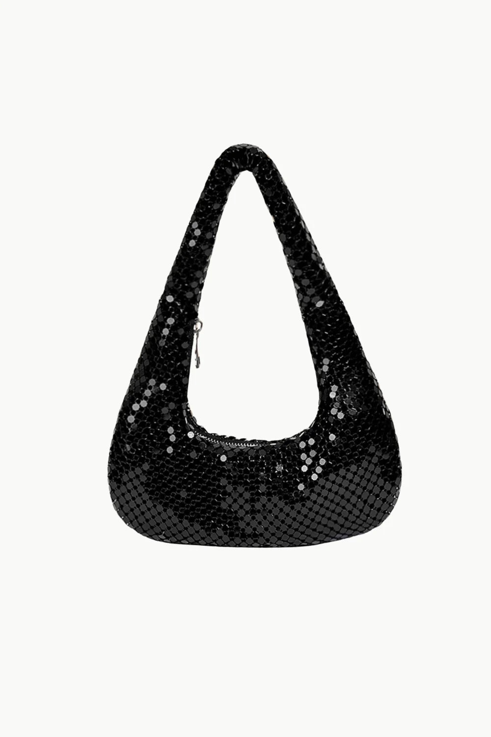 Black beaded shoulder bag with sequined crescent shape for stylish accessory display
